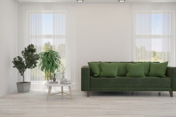 White living room with sofa. Scandinavian interior design. 3D illustration