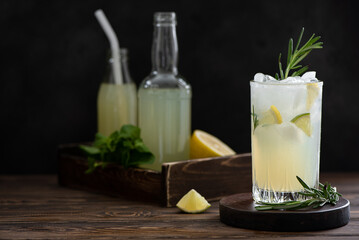 glass with freshly squeezed lemonade with ice, fresh lemons and mint