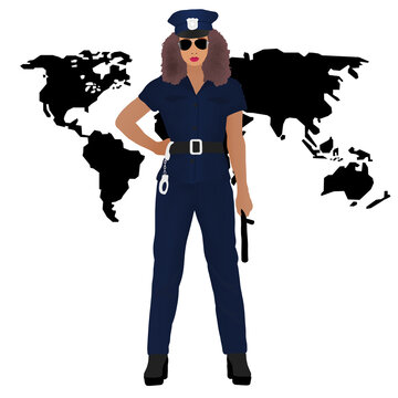 Freehand Drawing Of A Policewoman Woman With Wavy Brown Hair In A Black And Blue Police Uniform, With A Syngay Cap, Standing And Smiling On A White Background With A World Map