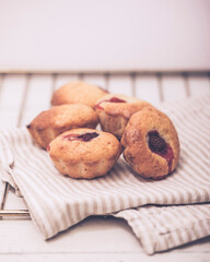 Basic muffin recipe. Banana strawberry oatmeal chip baked muffin cake on white background.