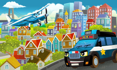 Obraz na płótnie Canvas cartoon happy and funny scene in the city flying plane and car