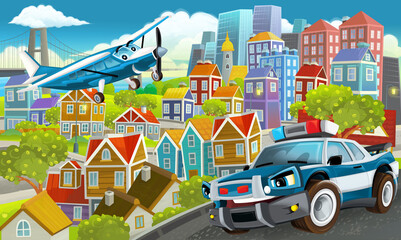 Naklejka premium cartoon happy and funny scene in the city flying plane and car