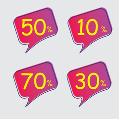 Sales discount icon. Special price offer signs. Reduction symbol 10, 30, 50 and 70 percent. Speech bubbles or chat symbols. Vector illustration.