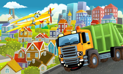cartoon happy and funny scene in the city flying plane and car