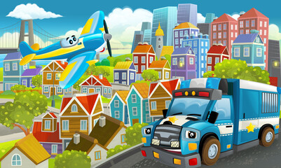 Fototapeta premium cartoon happy and funny scene in the city flying plane and car