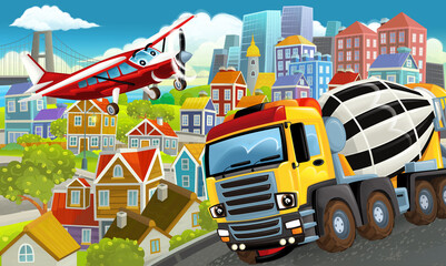 Obraz na płótnie Canvas cartoon happy and funny scene in the city flying plane and car