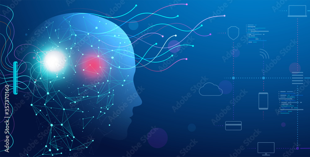 Poster artificial intelligence robot with neural network. digital brain, cyber mind. concept processing and