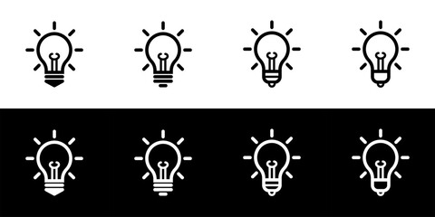 Lamp icon set. Flat design icon collection isolated on black and white background. Idea, creativity, inspiration, and innovation.