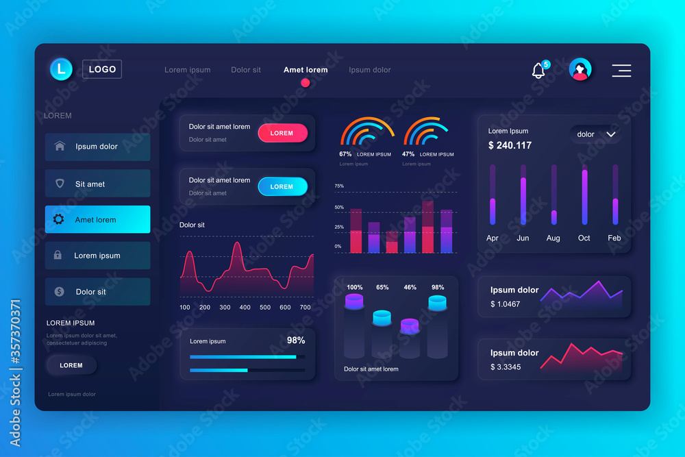 Aufkleber Neumorphic dashboard UI kit. Admin panel vector design template with infographic elements, HUD diagram, info graphics. Website dashboard for UI and UX design web page. Neumorphism style.