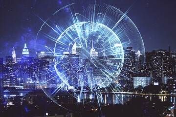 Double exposure of business theme hologram drawing and city veiw background. Concept of success.