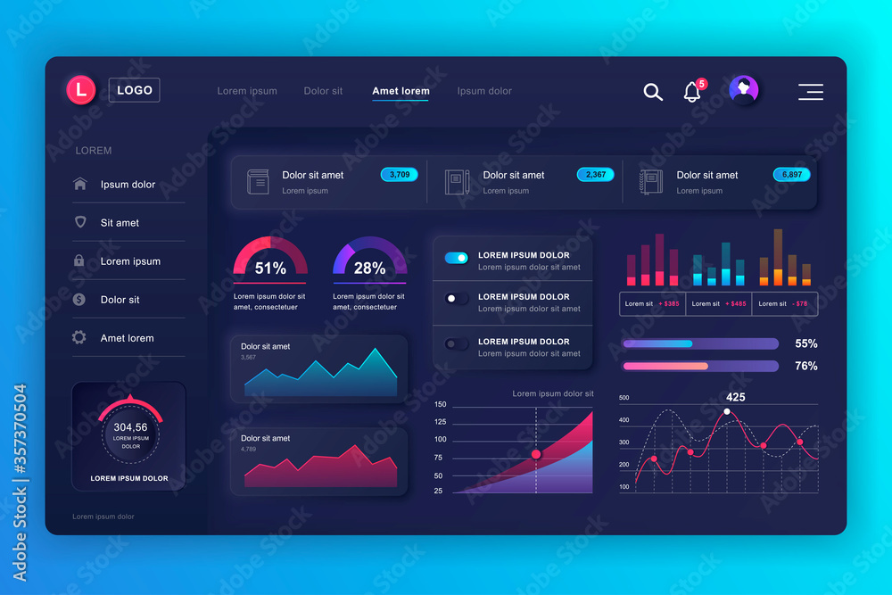 Poster Neumorphic dashboard UI kit. Admin panel vector design template with infographic elements, HUD diagram, info graphics. Website dashboard for UI and UX design web page. Neumorphism style.