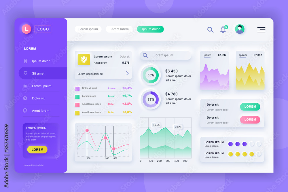 Aufkleber Neumorphic dashboard UI kit. Admin panel vector design template with infographic elements, HUD diagram, info graphics. Website dashboard for UI and UX design web page. Neumorphism style.