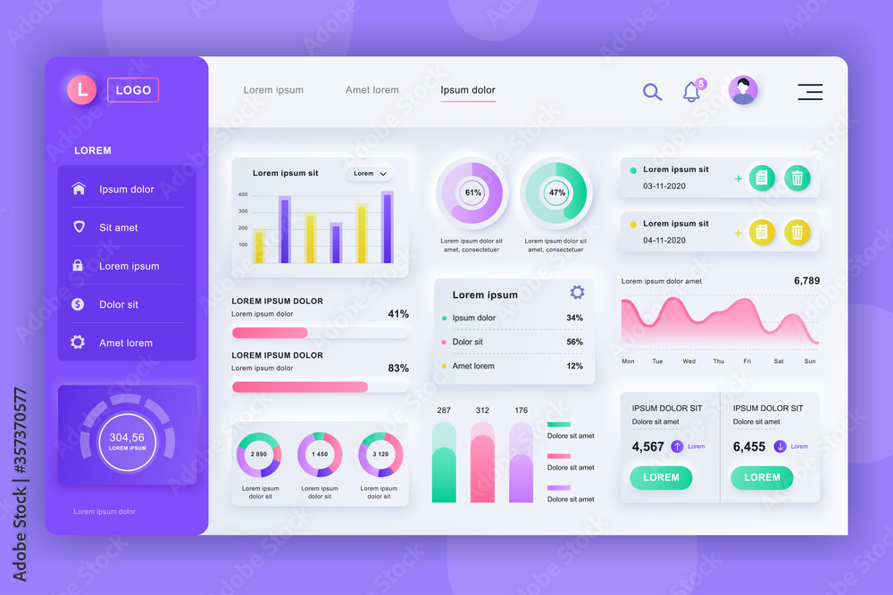 Wall mural neumorphic dashboard ui kit. admin panel vector design template with infographic elements, hud diagr