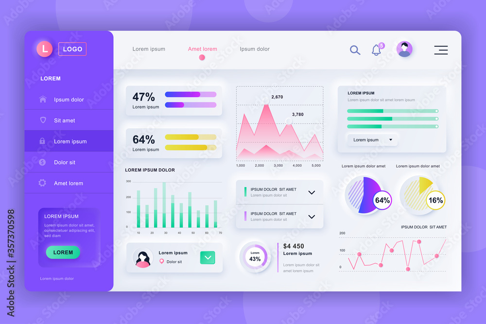 Leinwandbilder Neumorphic dashboard UI kit. Admin panel vector design template with infographic elements, HUD diagram, info graphics. Website dashboard for UI and UX design web page. Neumorphism style.