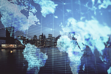 Obraz premium Double exposure of business theme hologram drawing and city veiw background. Concept of success.