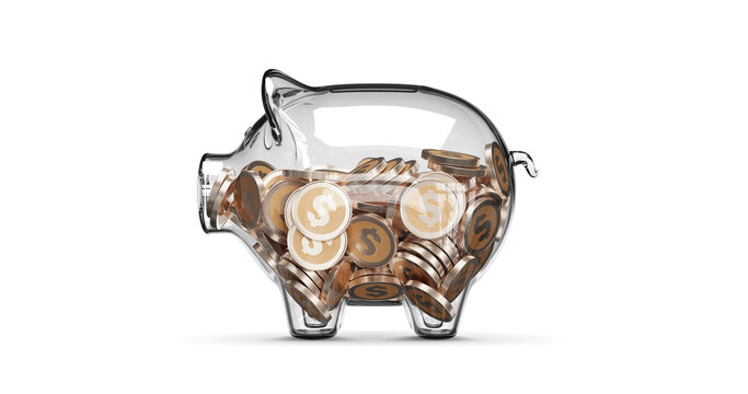 Glass Piggy Bank Stuffed With Growing Coins. 3d Rendering
