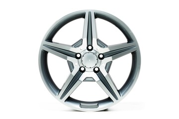 Isolated shot of car wheel silver shiny alloys in a white background