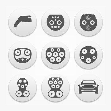 Set of basic connectors for charging electric vehicles. Outline icons