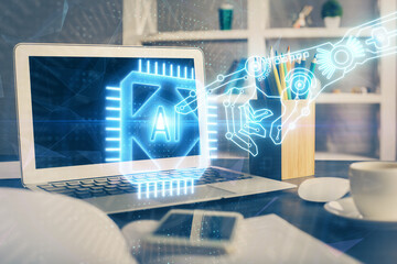 Double exposure of desktop with computer on background and tech theme drawing. Concept of big data.