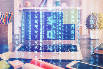 Double exposure of desktop with personal computer on background and tech theme drawing. Concept of data analysis.