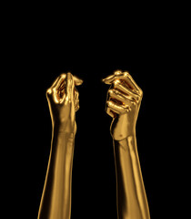 Golden Female Hand Gesture Hold Card. Set of Various Views. 3D Render Isolated on Black Background.