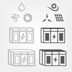 Energy storage for renewable power stations. Grid backup system sign with renewable energy sources icons