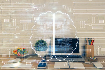 Double exposure of work space with computer and human brain drawing hologram. Brainstorm concept.