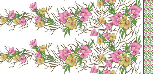Seamless pattern with spring flowers and leaves. Hand drawn back