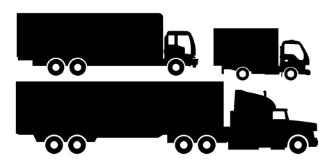 Vector set of trucks and trailers black and white isolated white background. Trucks and semi-trucks. Vector illustration.