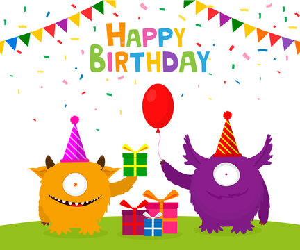 Happy Birthday Card Design With Two Cute Monsters. Vector Illustration. Flat Design.