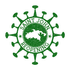 Saint John reopening stamp. Green round badge of island with map of Saint John. Island opening after lockdown. Vector illustration.