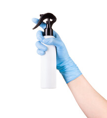 Doctor's hand in medical gloves use antibacterial spray sanitizer on white