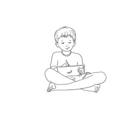 digitales Lernen, Schule zu Hause, Schüler Junge sitzt gemütlich barfuß im Schneidersitz mit Tablet und Stift, im Haus bleiben Pandemie Coronavirus Corvid-19 Virus 2020 Sommer lernen Denkblase Vorlage