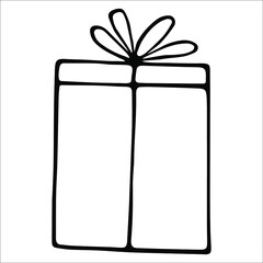 Hand drawn doodle element gift box. Doodle illustration of present for card, poster, banner, christmas design, pattern, birthday card, kid design. Vector illustration isolated on white background.