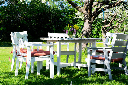 Table and chairs in garden on a summer day with apple tree in the background. Photo taken in Sweden.