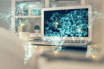 Computer on desktop with social network theme icon. Multi exposure. Concept of international...