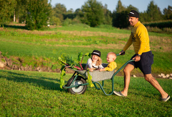 Obraz na płótnie Canvas Happy father and his children playing with a wheelbarrow on a sunny day