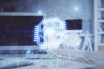 Technology theme drawing and table with computer. Multi exposure. Concept of information.