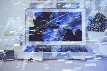 Technology theme drawing and table with computer. Double exposure. Concept of information.