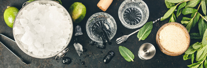 Metal ice bucket and mojito ingredients