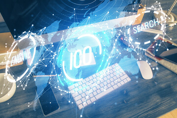 Double exposure of blockchain and crypto economy theme hologram and table with computer background. Concept of bitcoin cryptocurrency.