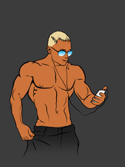 Muscle man silhouette with phone in hand, lifting weights fitness gym icon bodybuilder listening to music, athlete headphones
