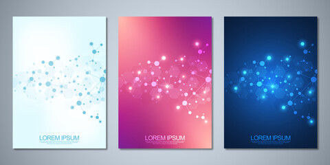 Fototapeta premium Templates brochure or cover book, page layout, flyer design with abstract background of molecular structures and DNA strand. Concept and idea for innovation technology, medical research, science.