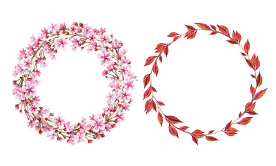 Two Flower frames. Round flower wreath, round leaves wreath. Pink flowers. Botanical print. Cherry Blossom. Floral background. For photo, text, save date, memory album, scrapbook, invitation, logo