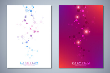 Templates brochure or cover book, page layout, flyer design with abstract background of molecular structures and DNA strand. Concept and idea for innovation technology, medical research, science.