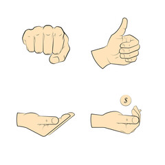Collection human hand various gestures sketch thumbs up knuckles outline