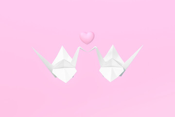 Pair of Origami bird lovers with heart on pink background 3d rendering. 3d illustration bird paper crane, bird paper craft for Hiroshima remembrance day minimal style concept.