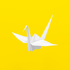 Origami Bird, bird paper crane on yellow background 3d rendering. 3d illustration bird paper craft for Hiroshima remembrance day minimal style concept.