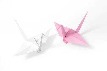 White and pink Origami Bird, bird paper crane on white background 3d rendering. 3d illustration pair of bird paper craft for Hiroshima remembrance day minimal style concept.