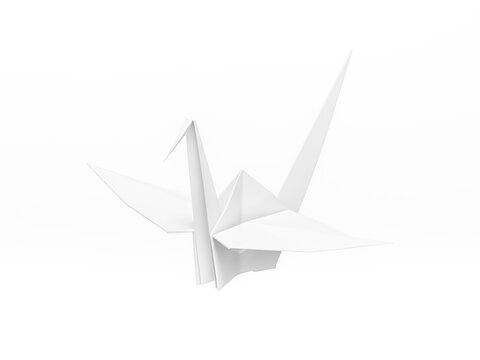 Origami Bird, bird paper crane on white background 3d rendering. 3d illustration bird paper craft for Hiroshima remembrance day minimal style concept.